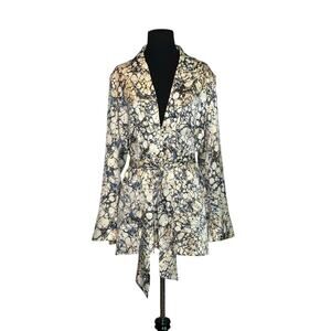 Forever 21 blue cream print long sleeves belted blazer coat size Medium